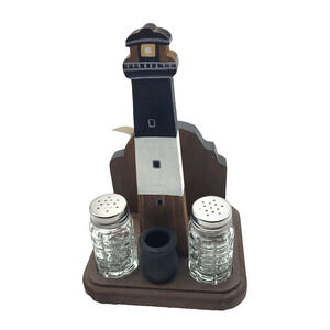 Handcrafted Wood Lighthouse S&P Napkin Holder Swivel Base Signed Numbered 47/50